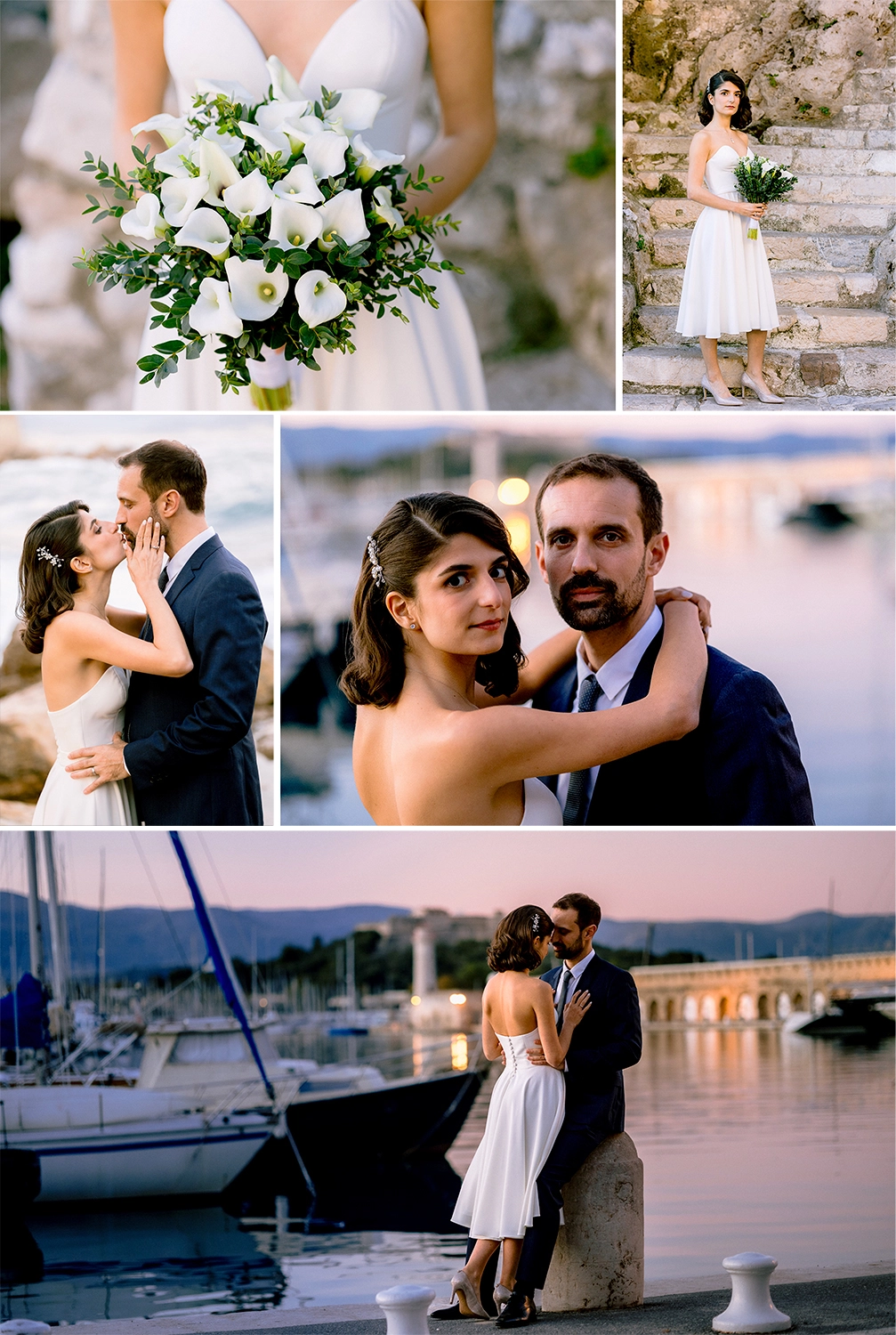 photographe mariage Antibes les mariés sur le port d'Antibes au couché du soleil